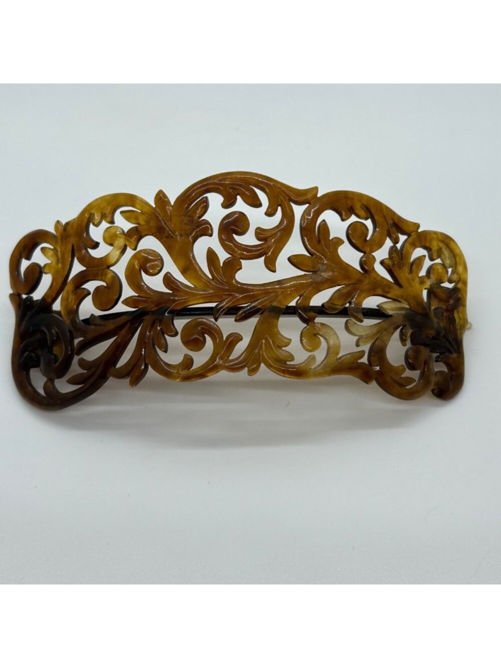 Antique Edwardian Carved Hair Comb Best-Hold Patent 1907 Clasp Celluloid Brown